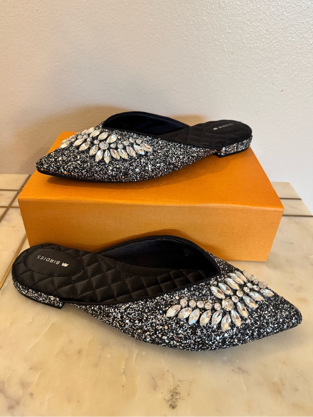 Birdies Black Glitter Jeweled Pointed Mules